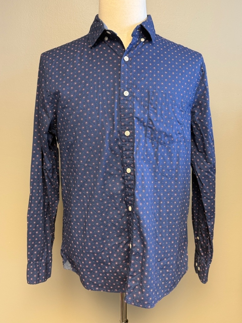Express Slim Fit Navy Print Button Down Shirt Large Soft Wash Cotton